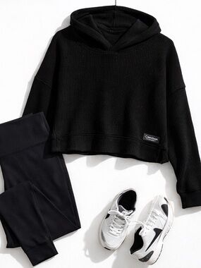Calvin Klein Performance Black Waffle Knit Cropped Hoodie L
